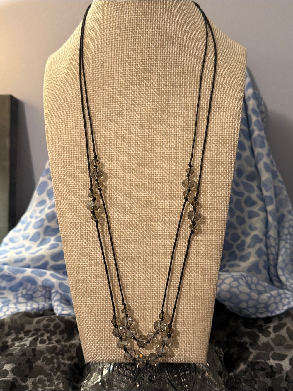 Avon Black Cord Necklace with Smoky Faceted Beads